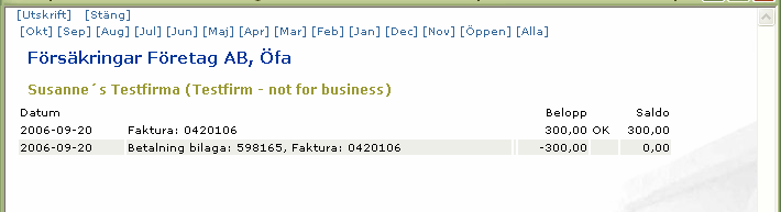 Om du klickar på en annan månad så ser du kontohändelser för den månaden. För utskrift av listan, klicka på [Utskrift].