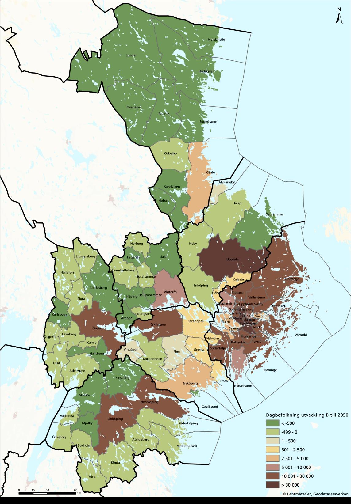 Figur 5f: Dagbefolkning (sysselsatta) alternativ B till 2050 En större del av territoriet i östra Mellansverige inkluderas i den positiva befolknings- och sysselsättningsutvecklingen i alternativ A