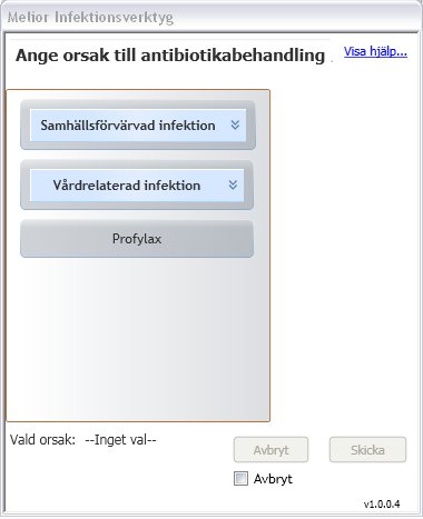 Hur skapas information om ordinationsorsak? 1. När man gör en antibiotikaordination i Melior dyker registreringsrutan Infektionsverktyg upp. 2.