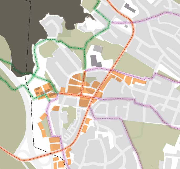 Ältasjön Mot Erstavik Det offentliga rummet Viktiga kopplingar och stråk Öst-västligt stråk Det nya gatunätet kopplar ihop Älta centrum med omgivande bebyggelse och grönområden.