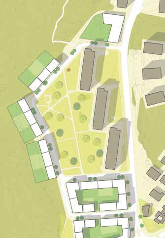 Förskola Oxelvägen Mot Älta centrum PROGRAMFÖRSLAGET Perspektiv som visar Stadsparken och den nya bebyggelsen i Älta centrum söder om parken. kvarteren och naturen, i det här fallet Ältasjöns strand.