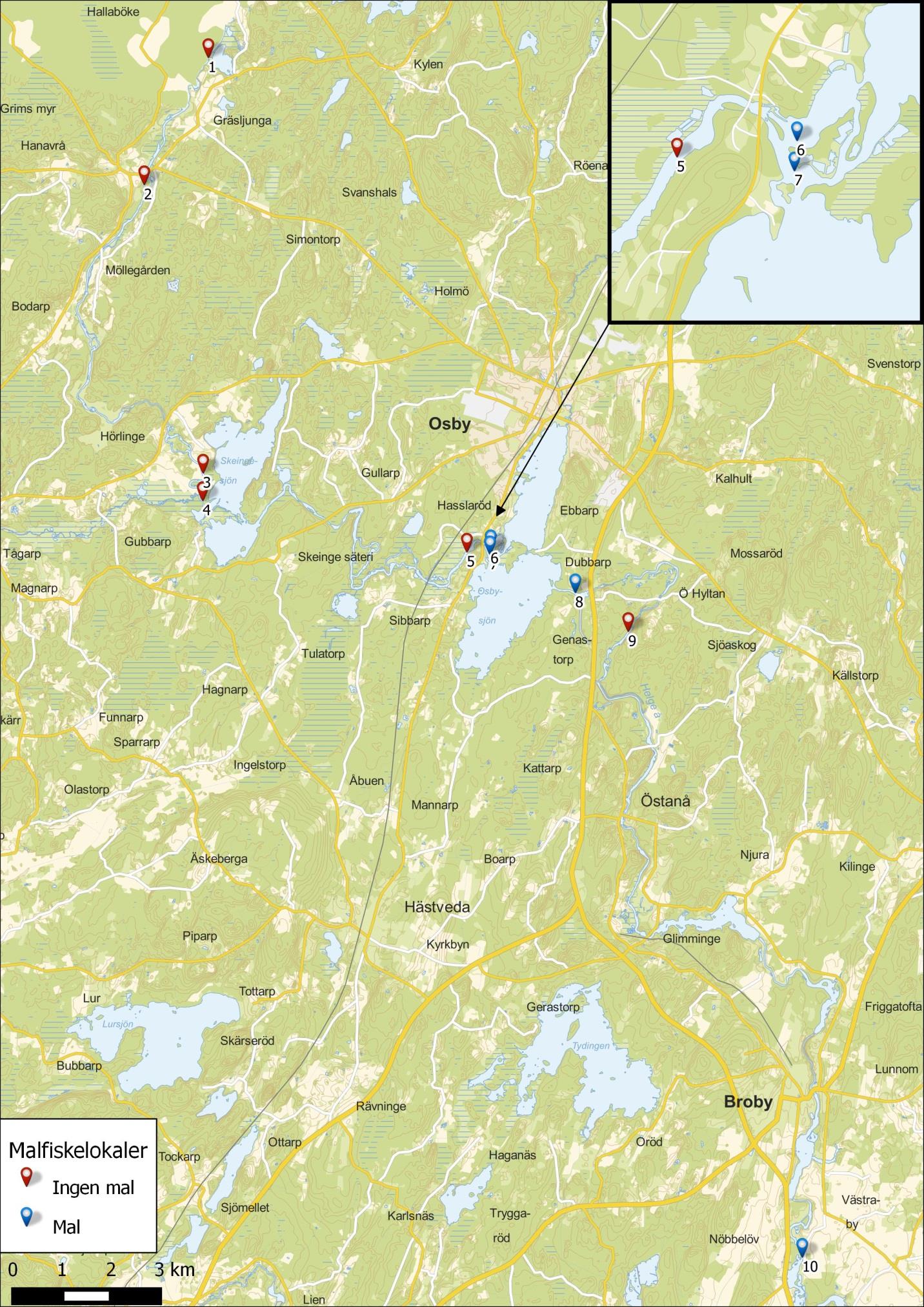 Figur 2. Kartan visar lokalerna 1-10 geografiska placeringar i övre delen av Helgeå.