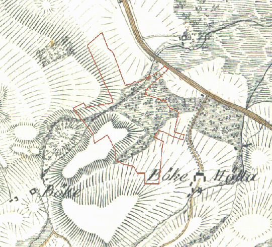 Utdrag ur Skånska rekognosceringskartan från 1812-1820. Naturreservatets ungefärliga läge är markerat med röd heldragen linje.