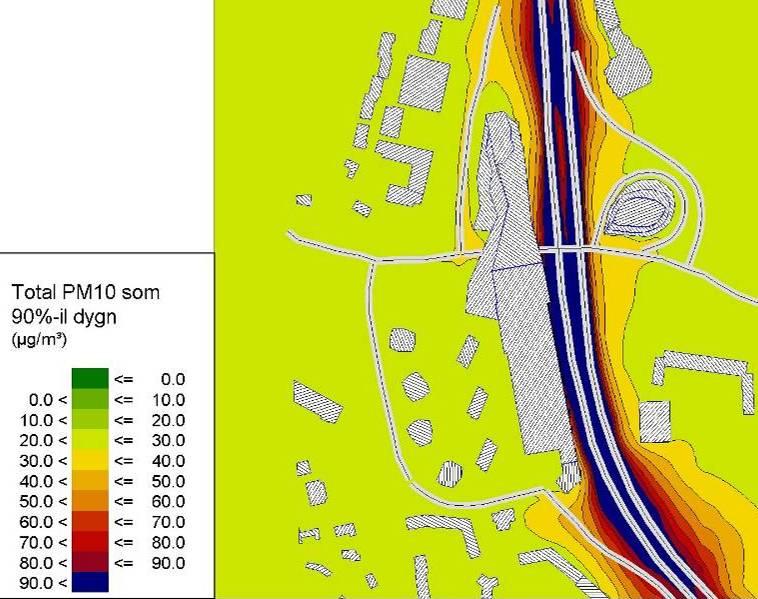 PM 10 - halter I Figur 18-19 presenteras den totala PM 10 -halten som beräknas förekomma runt Mörby Centrum vid Framtidsscenariot 2015. Figur 18. Total PM 10 (haltbidrag+lokalt UB på 15) beräknat som årsmedelvärde Obs, skalan börjar på 10 µg/m 3.