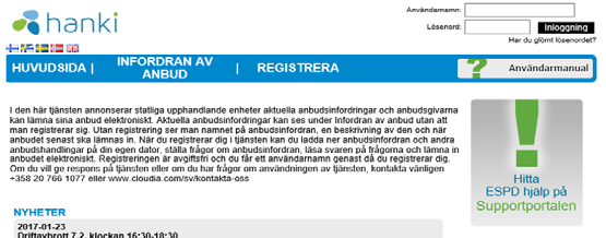 Så här registrerar sig anbudsgivaren som användare av systemet Anbudsgivaren registrerar sig under Registrera.