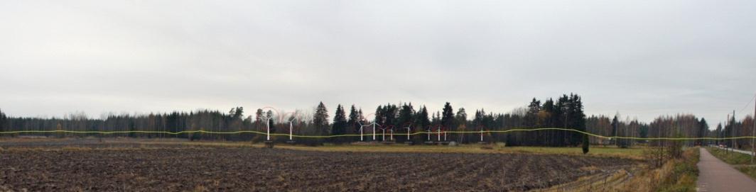 FCG DESIGN OCH PLANERING AB Planbeskrivning, utkast 40 (50) Bild 19. Fotomontage nr 12. Avståndet till närmaste kraftverk är ca 2750 meter. Förutom kraftverken i Heinsuo (4 st.