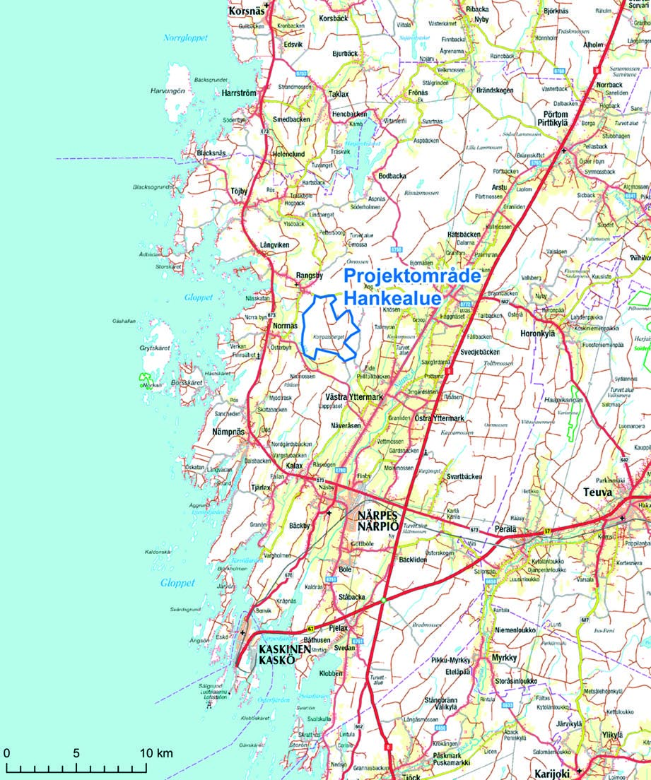 4. PROJEKTBESKRIVNING 4.1 Projektets läge 4.1.1 Vindkraftverkens placering Projektet består av att bygga en vindkraftspark på området i Norrskogen i Närpes stad.