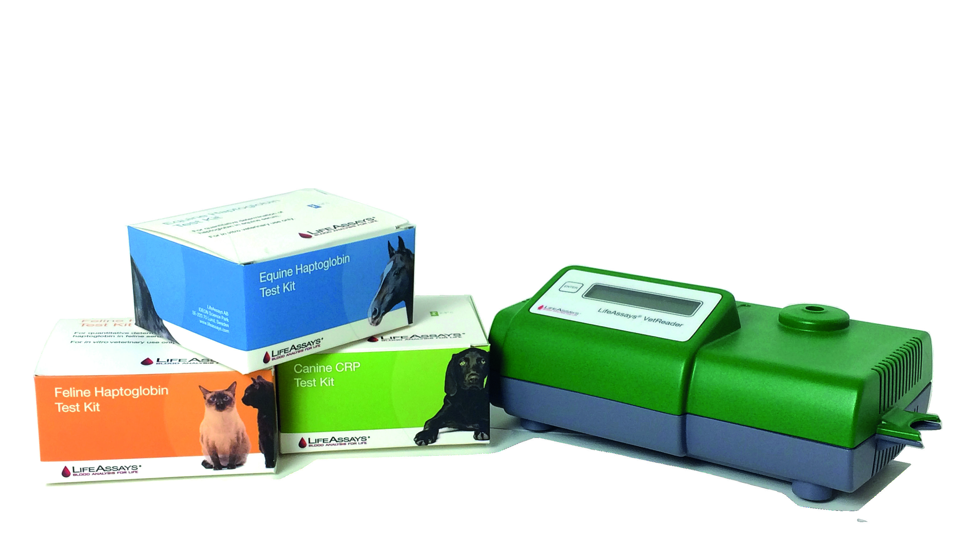 Produkter - 17 Produkter LifeAssays har utvecklat ett användarvänligt produktkoncept för veterinärmedicin, produkten består av ett analysinstrument och engångstester.