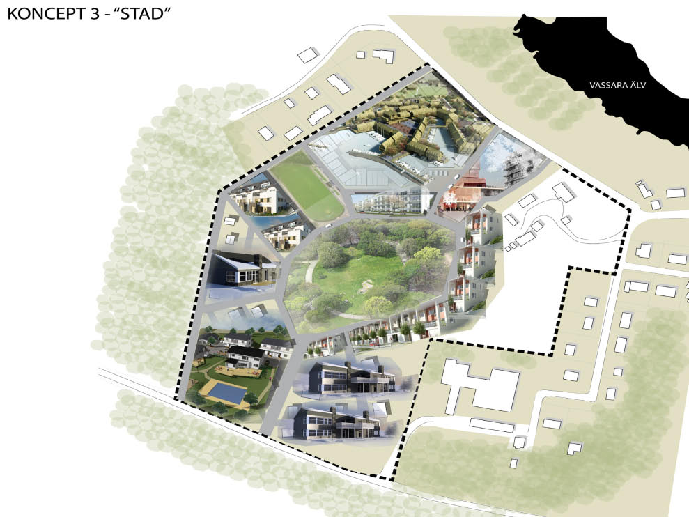 04.3 Koncept STAD Detta koncept skulle ha en förtätad bebyggelse, torg och anlagda aktivitetsytor.