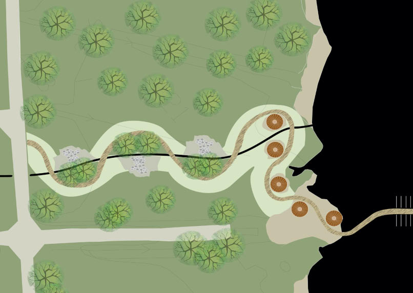 05.4 Detaljområde 3 - Strandplatsen Gången som slingrar sig över bäcken fortsätter ner mot