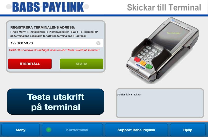 Att kassan har tappat kontakt med kortterminalen visas även genom en röd lampa på Kortterminal - knappen: Tryck på denna knapp för att komma till Skickar till terminal -sidan.
