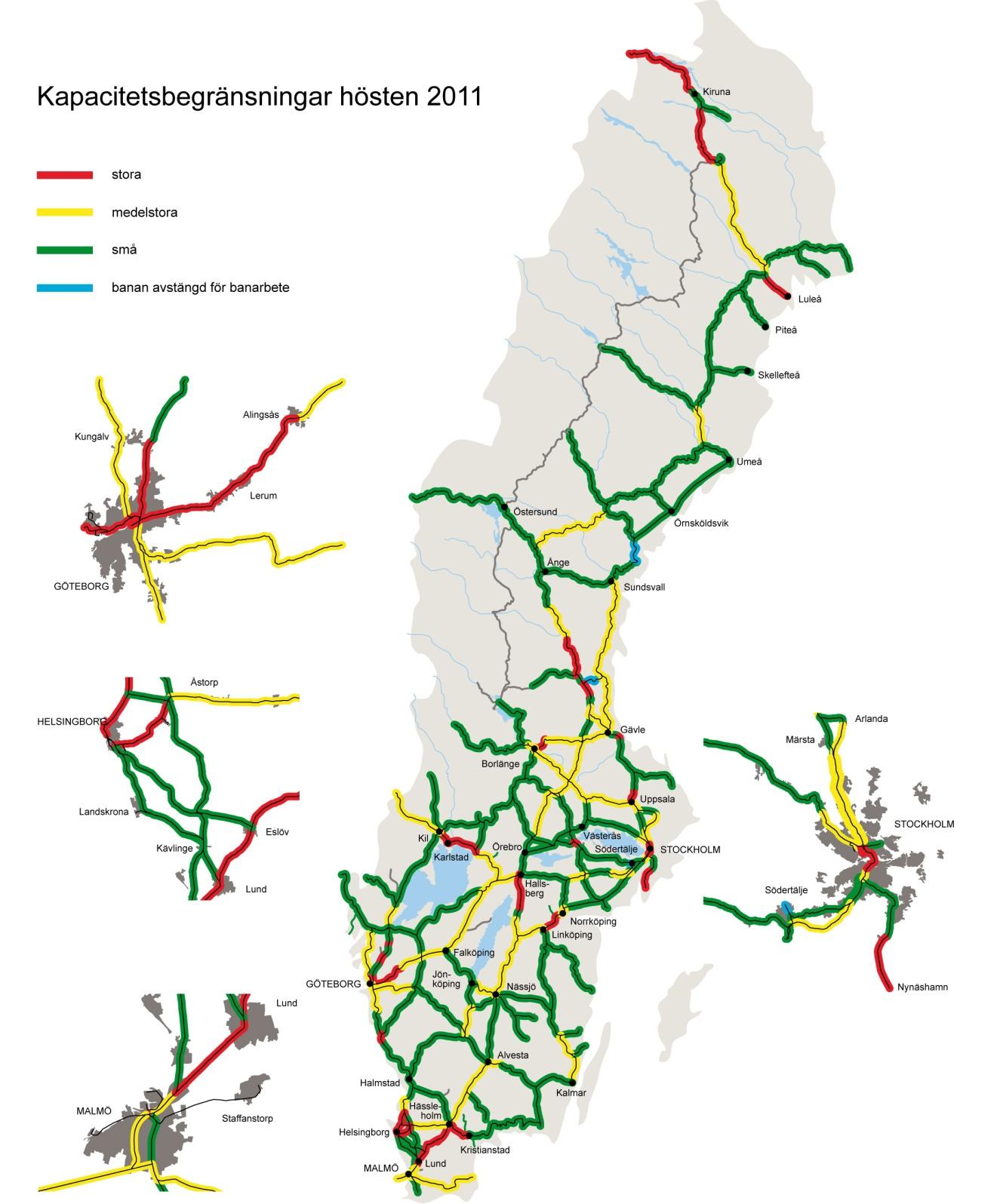 Kartan med kapacitetsutnyttjande max 2 timme visar att under hög trafik är kapaciteten fullt utnyttjad för stora delar av landet.