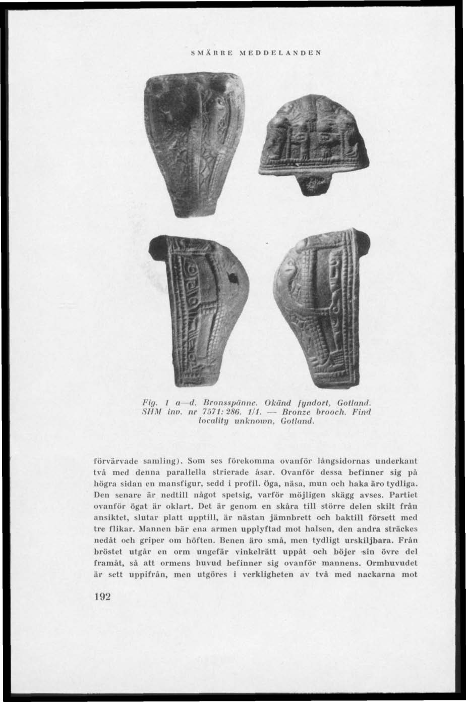 S M A II It E Fig. I u d. Bronss/ninne. Okänd fyndort. Gotland. SHM inu. nr 7571: 2H6. 1/1. Bronze brooch. Find localltg unknown. Gotland. Förvärvade samling).