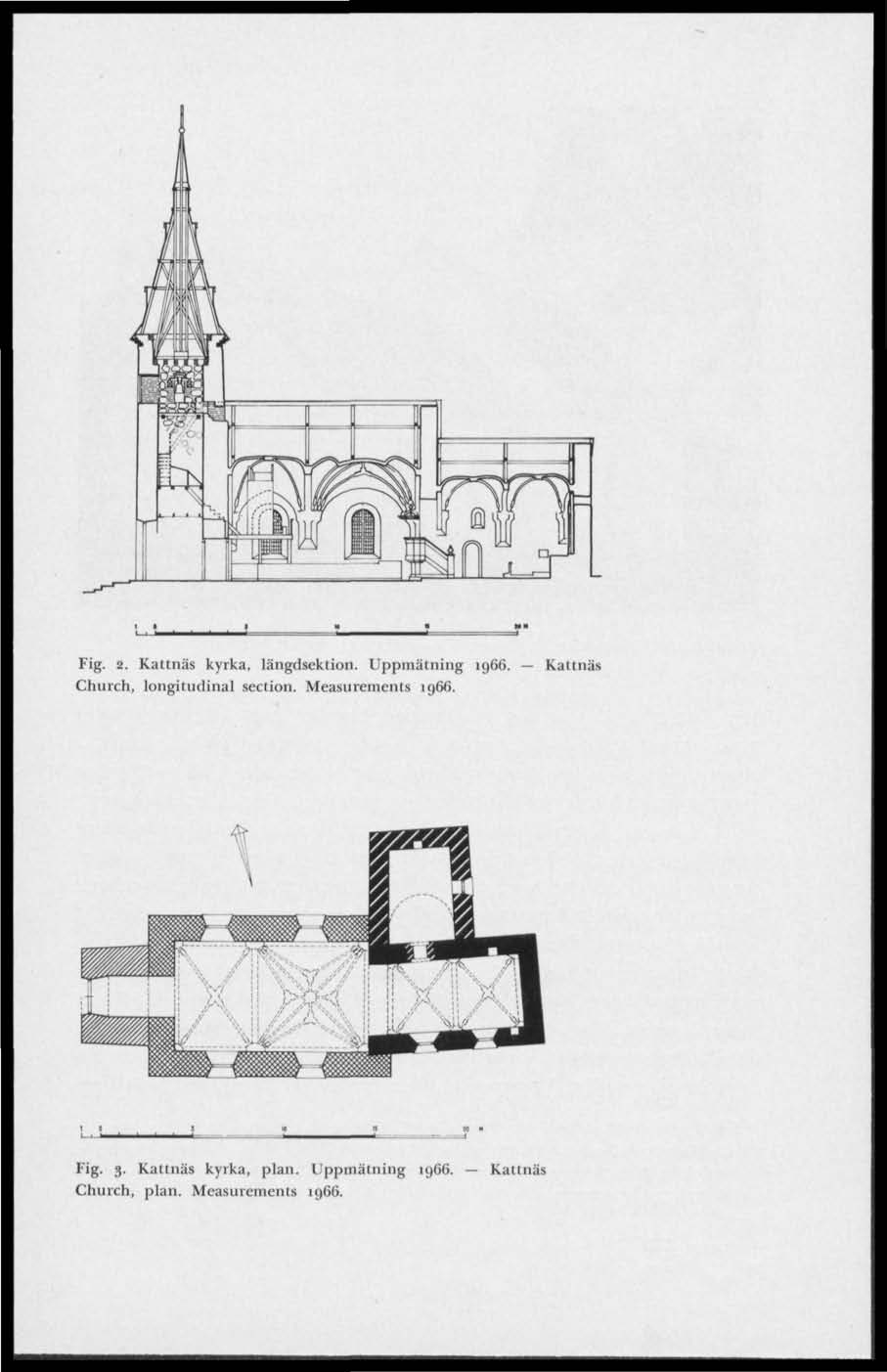 I Fig. 2. Kattnäs kyrka, längdsektion. Uppmätning 1966. Church, longitudinal section.