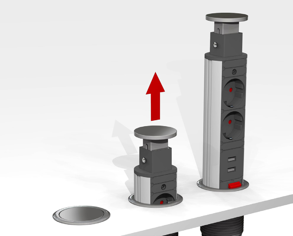 SMARTA ELUTTAG Nyhet! MINIMAL PELARE MED USB POP-UP POWER En snygg och praktisk pelare som enkelt monteras och installeras i bordsskivan.