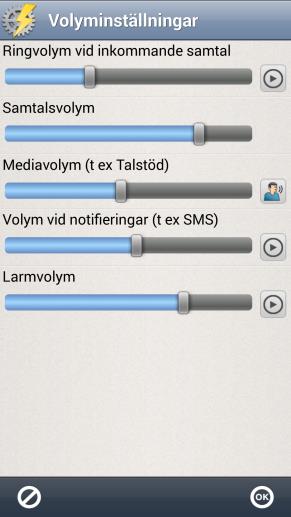 6.4.2 Volyminställningar Via Snabbinställningar kan man enkelt ändra de olika volymerna: När man trycker på pilen till höger om Volym visas vyn Volyminställningar.