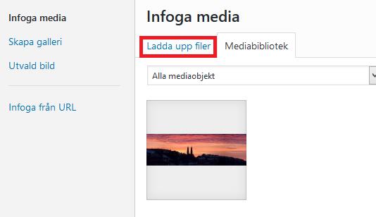 Lägg till bild 1. Klicka på knappen Lägg till media över menyraden. 2. Nu ser du de bilder som redan är upplagda och du kan lägga till nya genom att klicka på ladda upp filer.