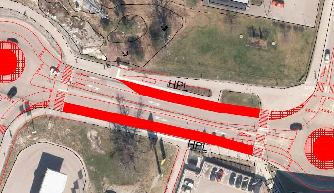 25 Trivector Traffic eras de yttre körfälten mellan cirkulationsplatserna som busskörfält.
