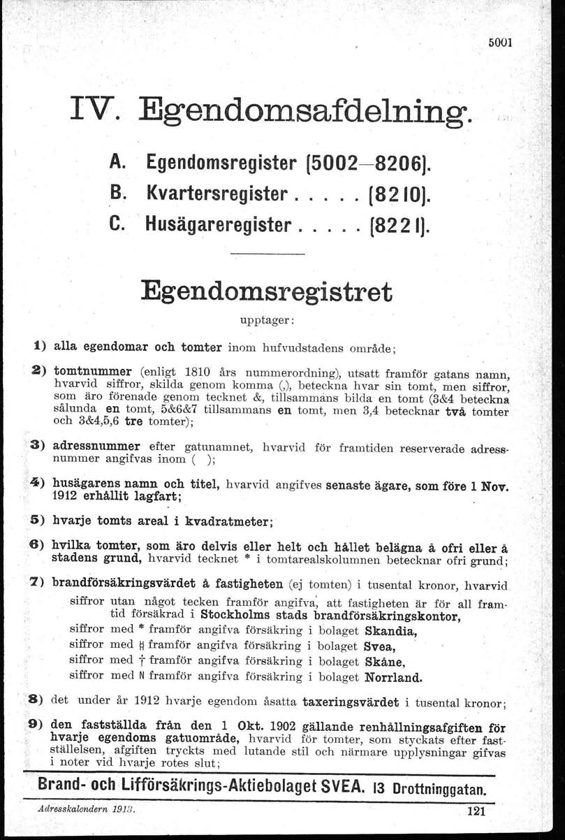 V. Egendomsafdelning. A. Egendomsregister [2-86). B. Kvartersregister. (82). C. Husägareregister. (822).