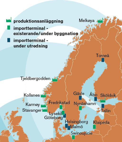 Den flytande naturgasen, LNG Tillgängligheten ökar Relativt god tillgänglighet i Mellansverige: terminaler i Nynäshamn, Lysekil och Fredrikstad (Norge) Planerade terminaler ger ökad tillgänglighet i