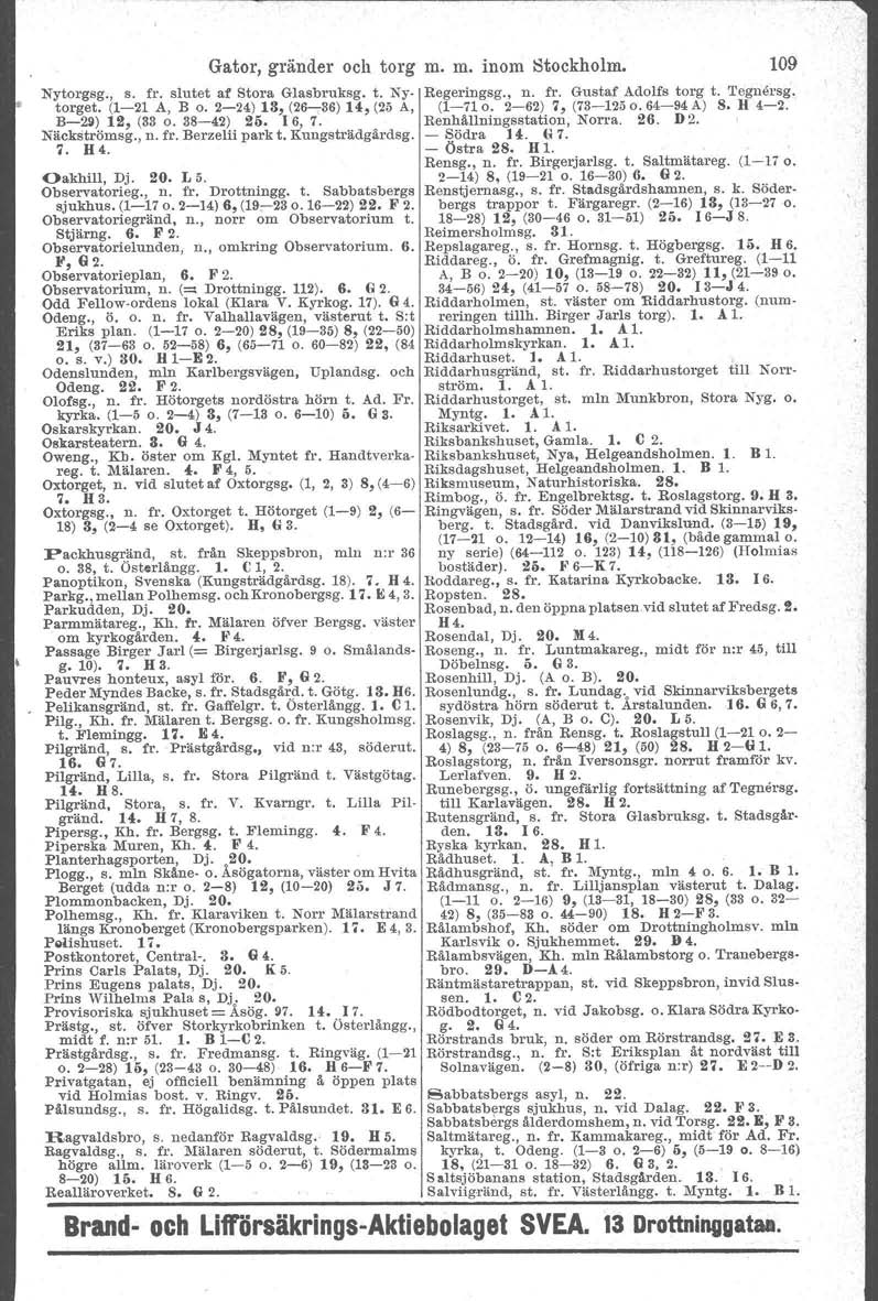 Gator, gränder och torg m. m. inom Stockholm, 109 Nytorgsg., s. fr. slutet af Stora Glasbruksg. t. Nytorget. (1-21 A, B o. 2-24) 13, (26-S6) H, (25 A, B-29) 12, (33 o. 38-42) 26. 16, 7. Näckströmsg.