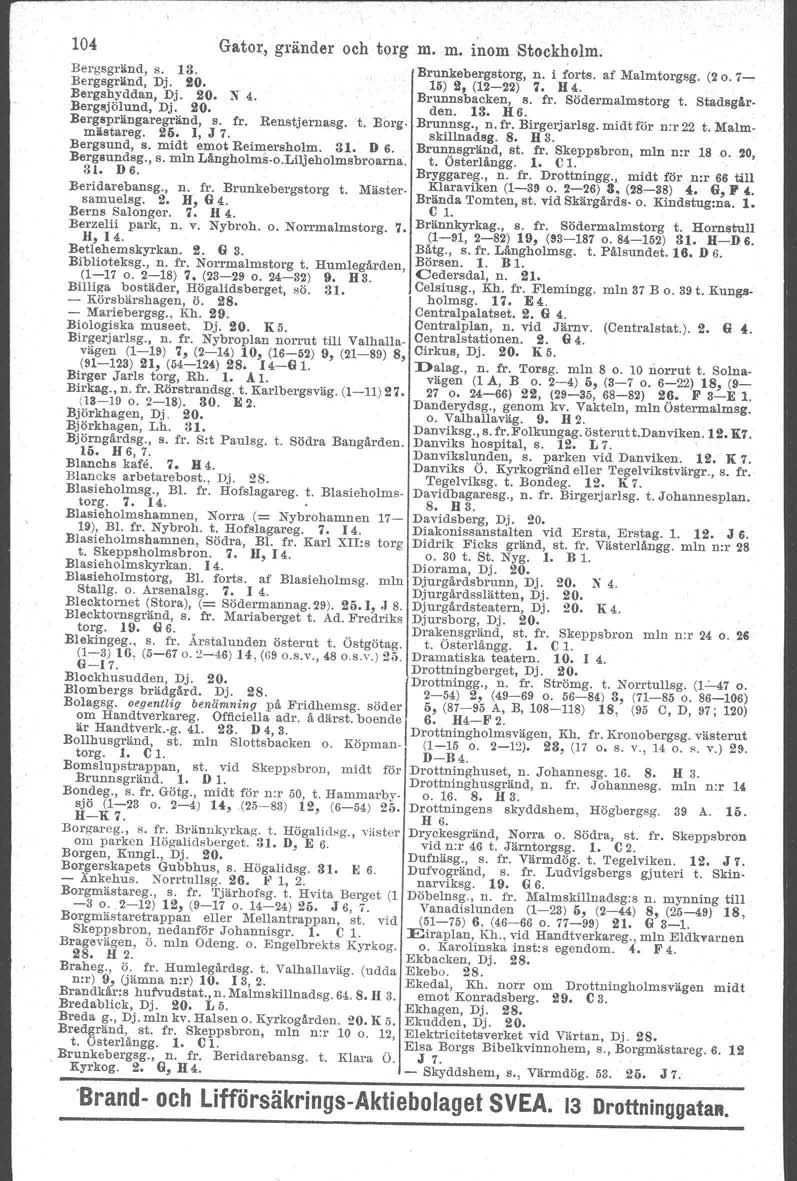 104 Gator, gränder och torg m. m. inom Stockholm. Bergsgrand. s. 13. Brunkebergstorg, n. i forts. af Malmtorgsg. (2o. 7- Bergsgränd. Dj. 90. 16) 2, (12-22) 7. H 4. Bergshyddan, Dj. 20. N 4.