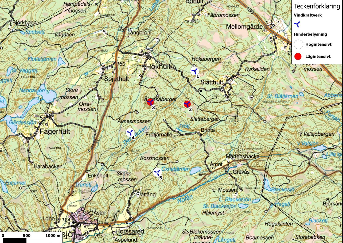Karta 8: Kartan visar vilka verk som enligt denna layout kommer att få det högintensiva vita ljuset, resterande verk får lågintensivt rött fast ljus.