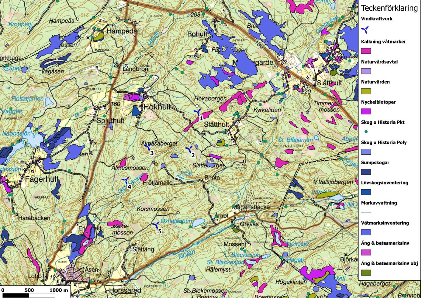 5.4 Naturmiljö I området för den planerade vindkraftparken Älmåsa finns det ett antal skyddade ytor som bland annat innehåller sumpskog, naturvärde, biotopskydd samt
