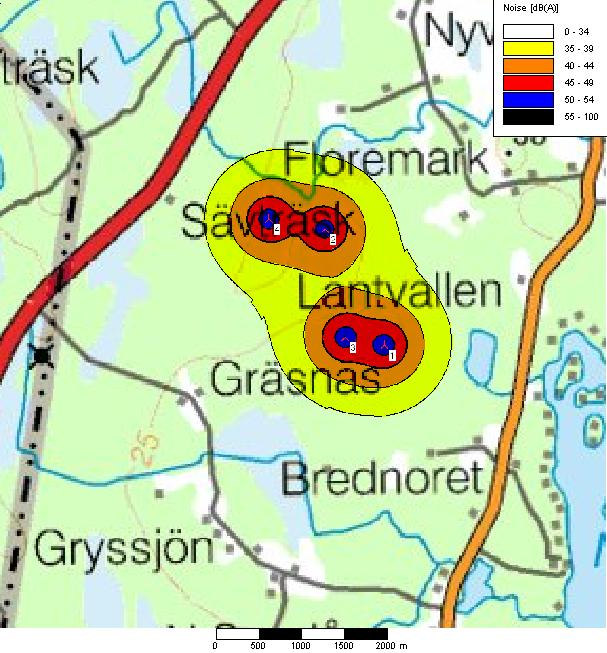 Figur 6, bullerutbredning. Lantmäteriet Gävle 2009. Medgivande I 2008/1961 4.2 Skuggbildning/reflexer När solen står lågt rotorblad kan kasta rörliga skuggor som kan upplevas som störande.