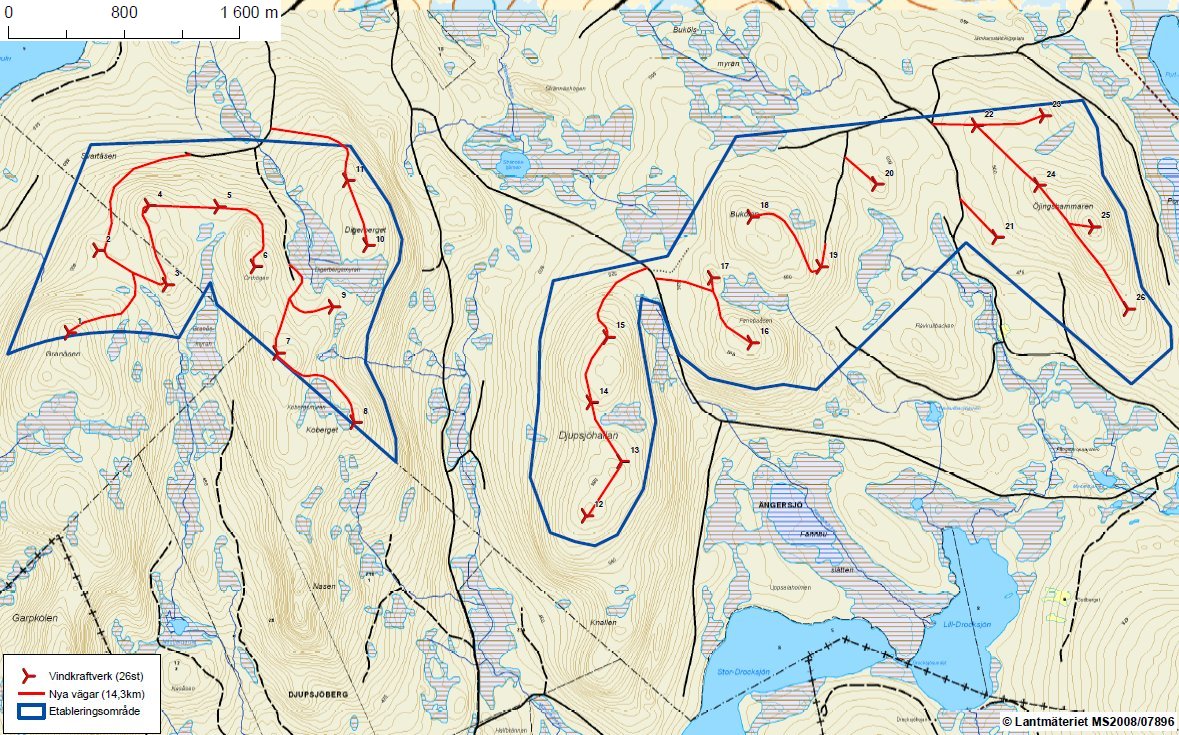 PROJEKTBESKRIVNING SVARTÅSEN 3/7 Platsen Området där den planerade vindkraftsanläggningen ligger har en högsta punkt på ca 650 m.ö.h. och ligger i skogslandskapet söder om samhället Ängersjö.