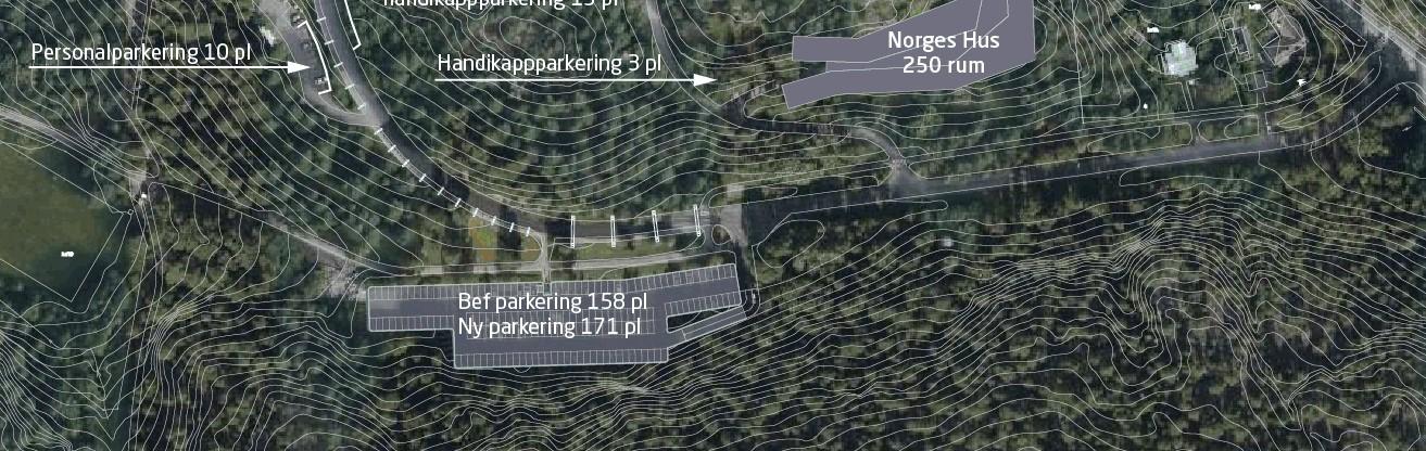 Ett mindre antal cykelparkeringar behövs vid entrén. 3.3 Gator och trafik I planen för Norges hus ingår en ny tillfartsväg till anläggningens entré på den västra sidan.