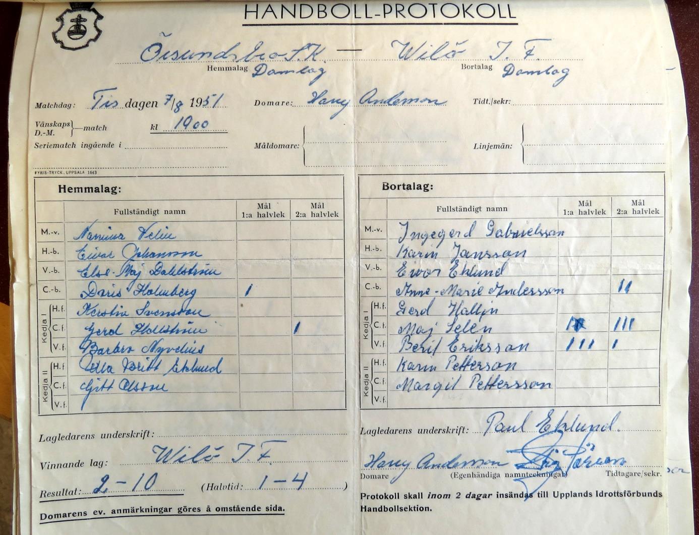 Söndagen den 5 augusti 1951: Örsundsbro Wilö 2 10 Laget bestod av: målvakt Ingegerd Gabrielsson, högerback Karin Jansson, vänsterback Eivor Eklund, centerback Ann-Marie Andersson (2 mål), kedja 1: