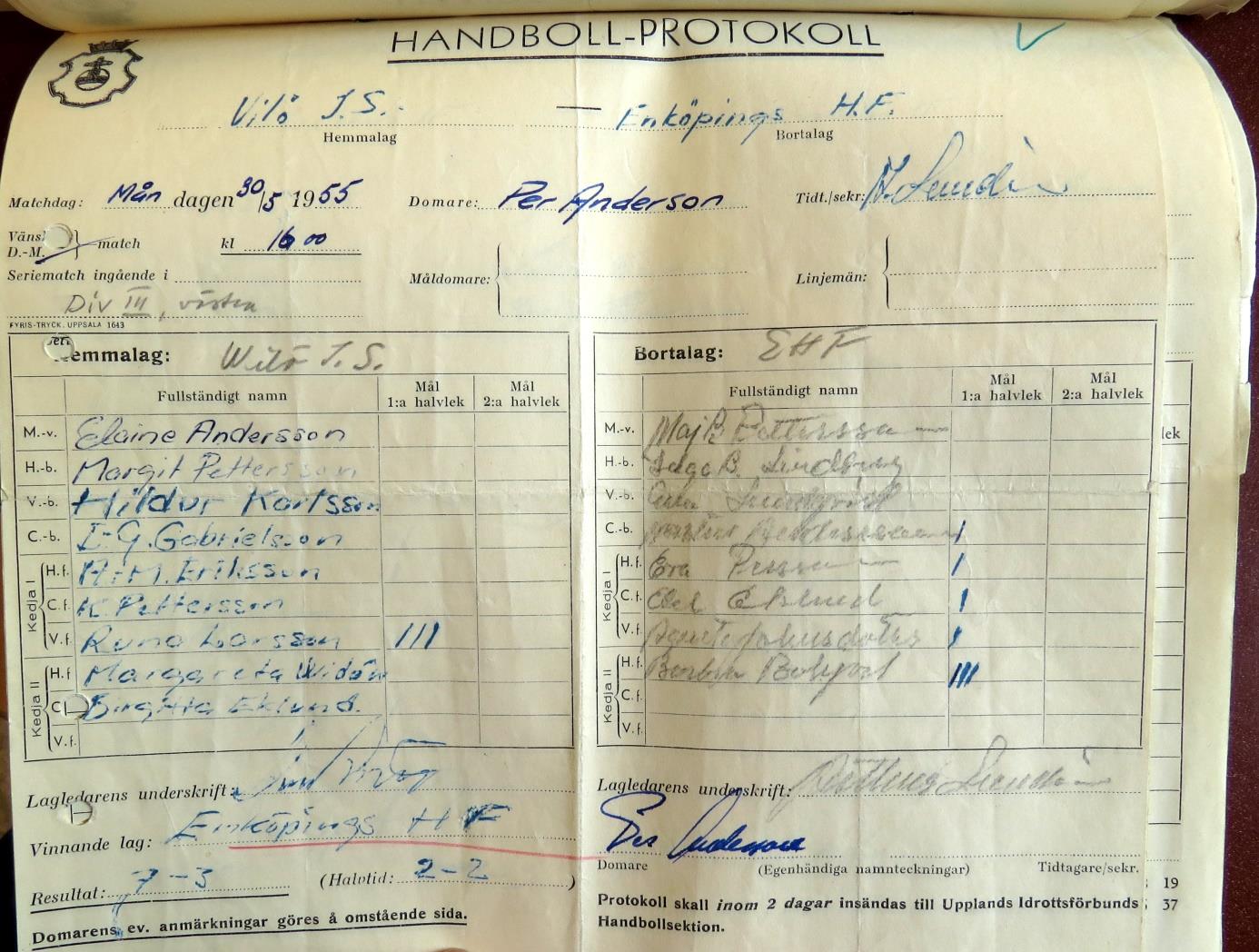 Torsdagen den 26 maj 1955, träning vid Lötgården Division III, västra: Annandag pingst, måndagen den 30 maj 1955: Wilö EHF 3 7 Laget bestod av: målvakt Elaine Andersson, högerback Margit Pettersson,