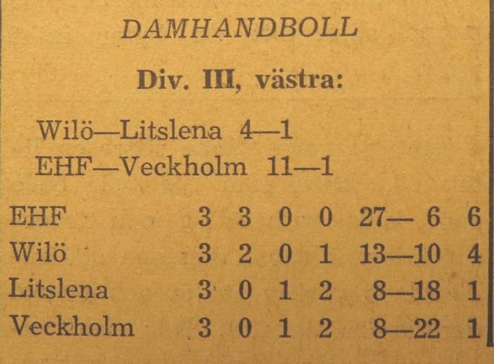Division III, västra: Söndagen den 19 juni 1955: Wilö Litslena 4 1 Laget bestod av: målvakt Elaine Andersson, högerback Hildur Karlsson, vänsterback Margit Pettersson, centerback Ingegerd