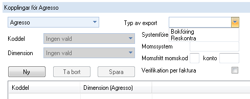 Du fyller bland annat i namn på exportfilen och vilka typer av fakturor som ska exporteras. Sedan måste du välja koppling, så att rätt värden kommer över.