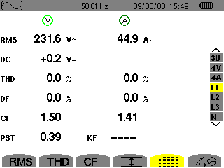 Informationen tolkas enligt följande: THD: total övertonshalt. DF: distortions faktor CF: krest-faktor, förhållandet mellan toppvärde och RMS värde för spänning. KF: K faktor.