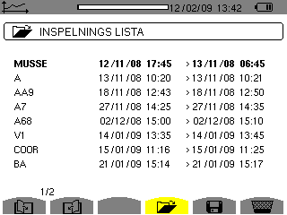 9.5 Radering av inspelningar Denna undermeny används för att radera de sparade inspelningarna. Gör följande:. Tryck på den gula knappen under ikonen.. Markera den inspelning som skall raderas med.