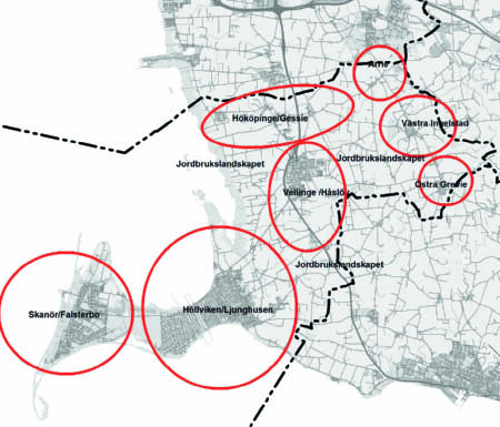 Karaktärsområden - en geografisk redovisning av framtida utveckling Den inledande landskapsanalysen ledde fram till att kommunen indelades i sex geografiskt avgränsade karaktärsområden.