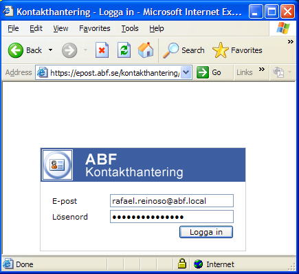Logga in För att du ska kunna logga in måste din lokala administratör först ge dig rättigheter att kommat åt kontakthanteringen. Det gör administratören så här: a) Logga in på http://intranet.abf.