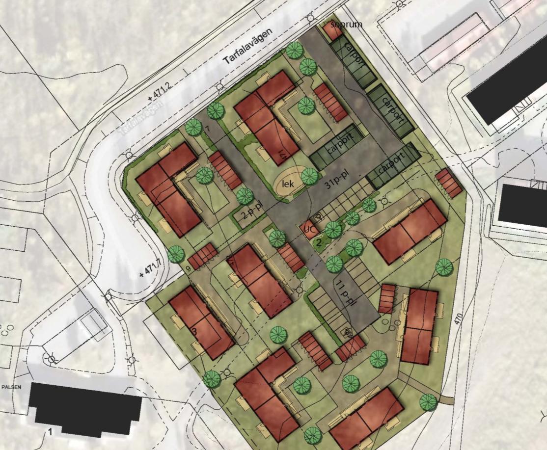 9 BEBYGGELSE Bostäder/exploatering Illustrationsplan för ny bebyggelse inom fastigheten Palsen 2 Planförslaget medger flerbostadshus i två våningar (BII). Totalt möjliggörs ca 38 lägenheter.