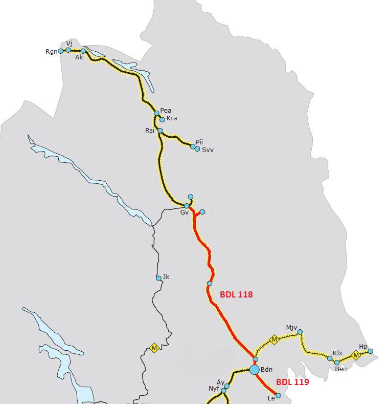 Figur 10: En karta som visar Malmbanans sträckning (Luleå-Riksgränsen) samt studerade bandelar (BDL 118 och 119). 4.
