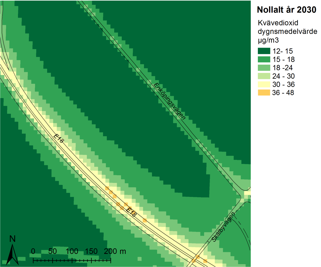 Resultat Jämförelse med miljökvalitetsnormen Beräkningarna visar att halten av kvävedioxid (NO 2 ) och partiklar (PM10) ligger under miljökvalitetsnormens gränsvärden i större delen av planområdet,