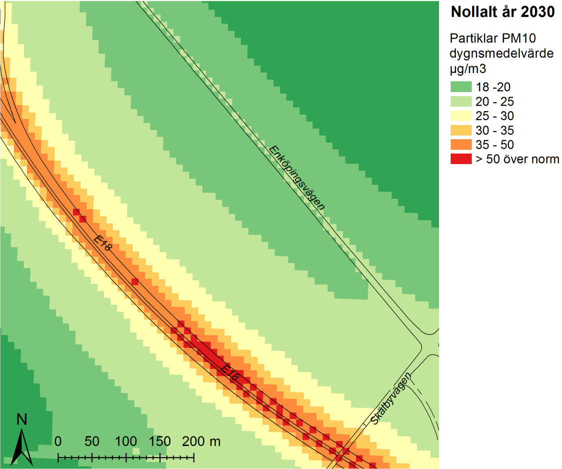 Partiklar PM10 Miljökvalitetsnormen för PM10 klaras i stort sett inom hela det beräknade området. Halter över dygnsmedelnormen, 50 µg/m 3, förekommer endast inom E18:s vägområde.