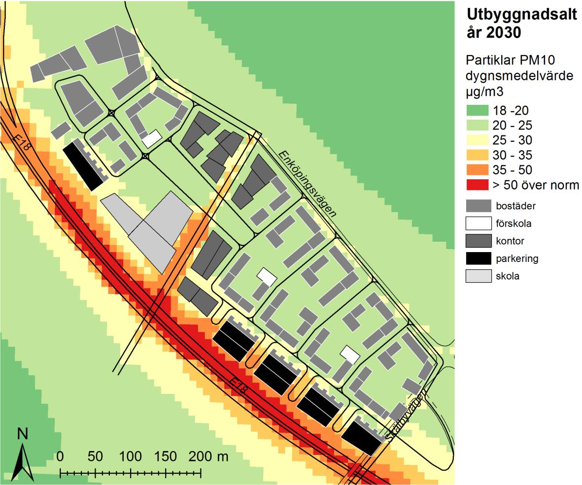 Figur 6. PM10 utbyggnadsalternativ år 2030. Dygnsmedelhalt av PM10(µg/m³) under det 36:e värsta dygnet för utbyggnadsalternativet år 2030. Normen som ska klaras är 50 µg/m 3.