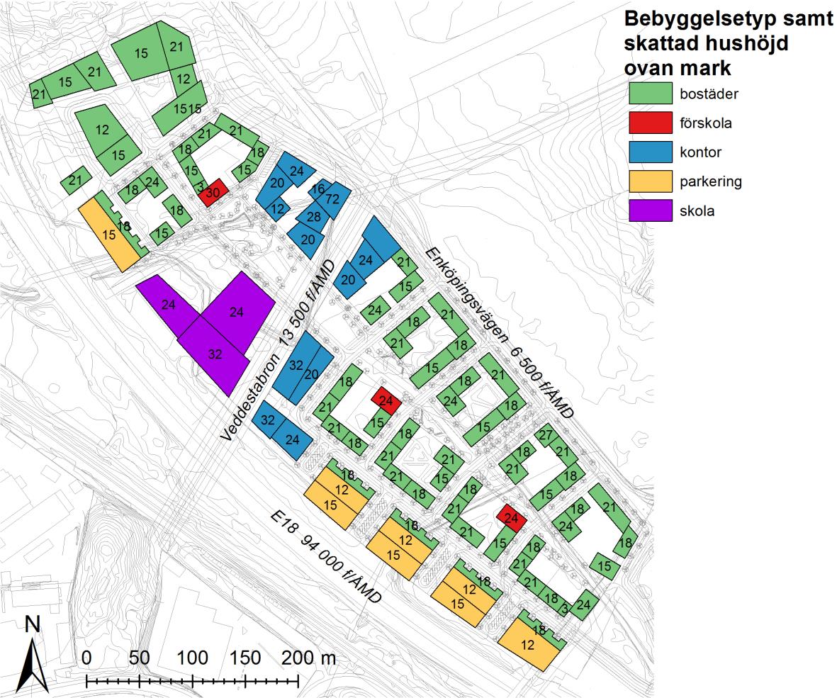 Figur 2. Ny bebyggelse med skattad hushöjd samt fordonsflöde (fordon per årsmedeldygn) på huvudvägarna år 2030.