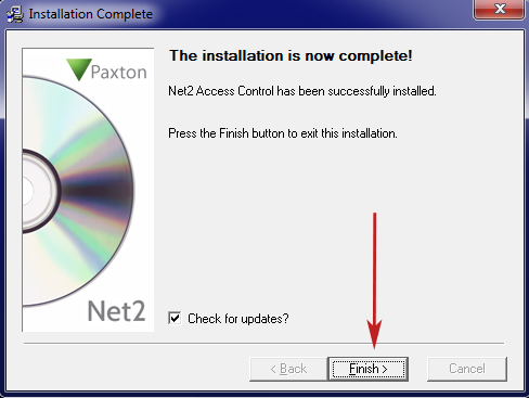 Avsluta installationen genom att trycka Finish Net2 Server är den tjänst som kommunicerar med anslutna dörrcentraler i drift, den kommer