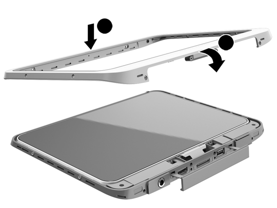 12. Börja med den övre kanten (1) och tryck försiktigt höljets frontpanel mot undersidans panel tills den fästs på plats (2).