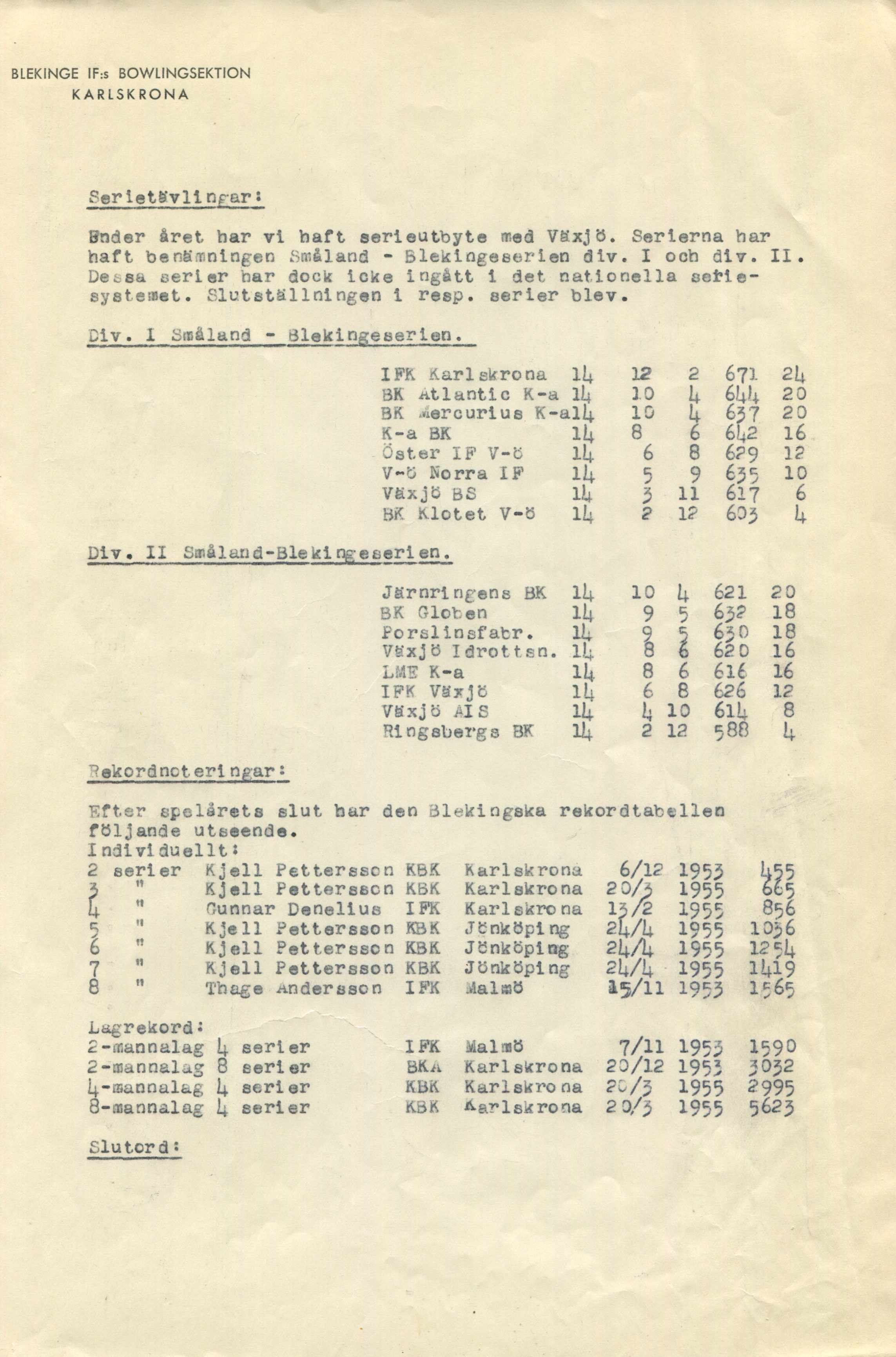 Ser letävll n/rar Bnder året bar vi baft serieutbyte med Växjö. Serierna har baft benäitiningen Småland - Blekingeserien div. I ocb div. II.