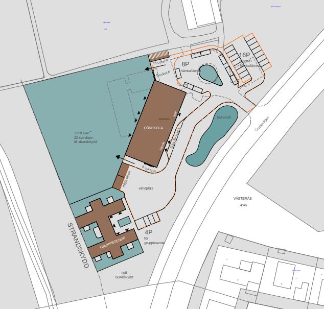 Figur 1.2: Planritning över Ängens förskla samt gruppbende, Önsta Gryta, Västerås [1]. 2 UNDERLAG FÖR UNDERSÖKNINGEN 1) Planritning med förslag för placering av Ängens förskla ch gruppbende, skiss nr.