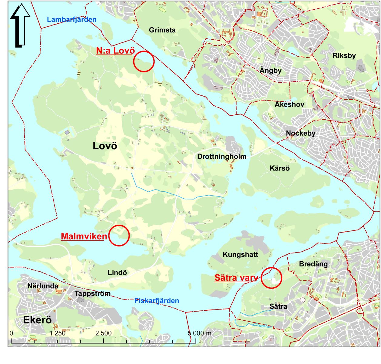 Figur 1.1 Lägena för de tre tillfälliga hamnarna ( Stockholms stadsbyggnadskontor) 1.